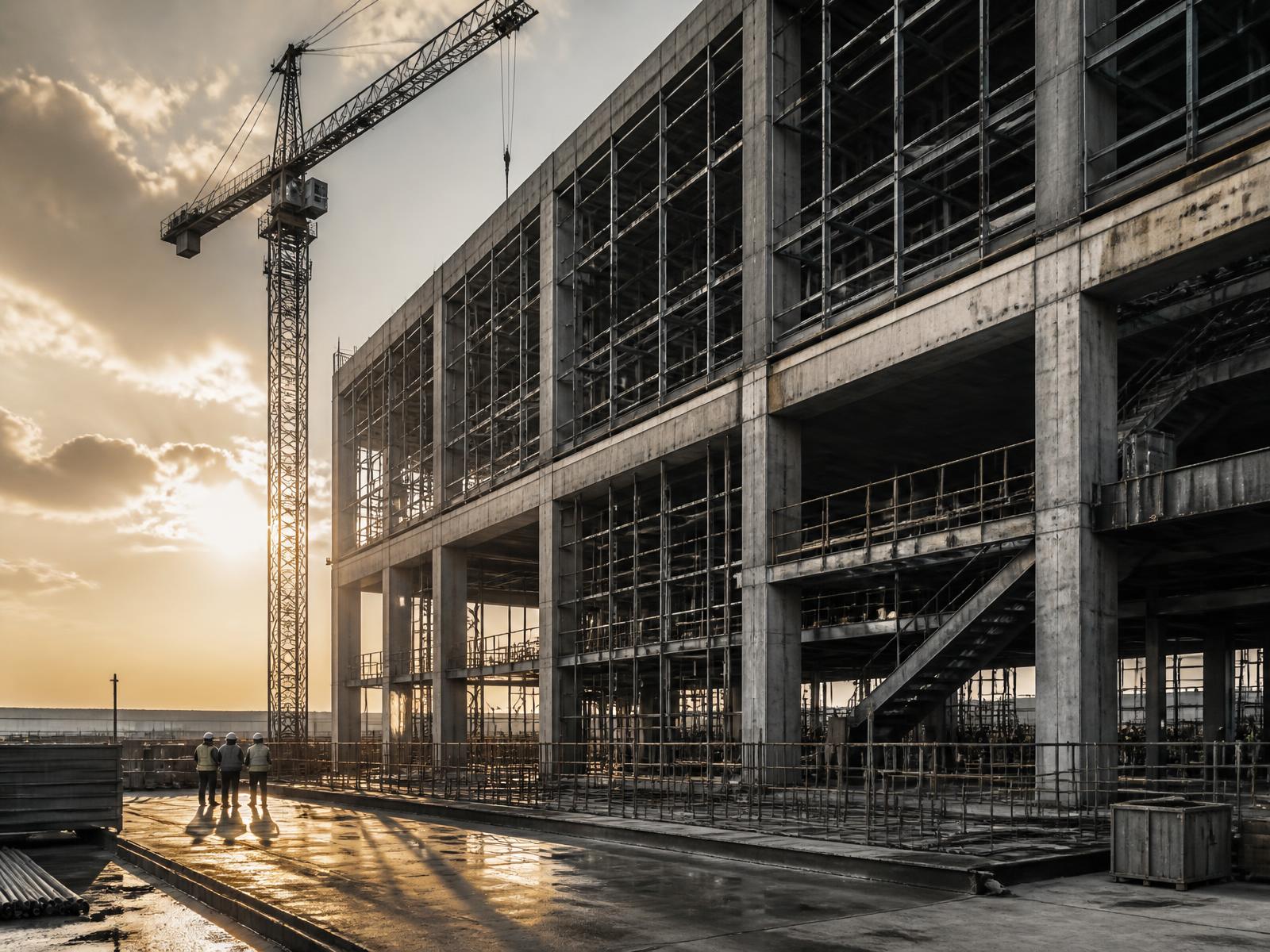 Structural concrete and steel frame of a large building under construction
