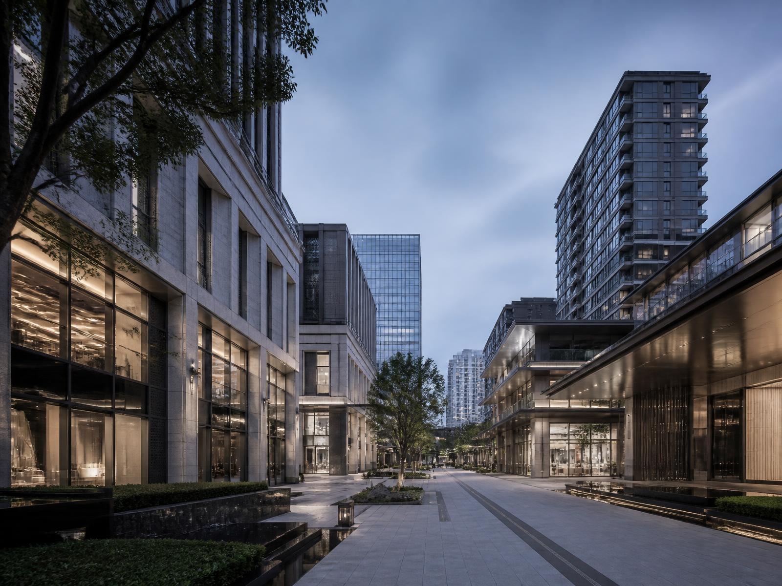Contemporary mixed-use urban district at blue hour